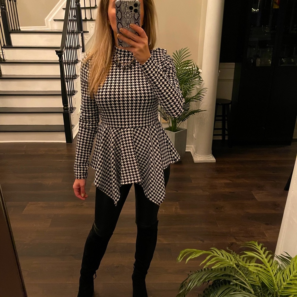 Black white houndstooth peplum top